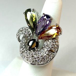 Peridot, Amethyst & Citrine Crystal Cocktail Ring w/Cubic Zirconia Accents